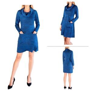 NWT, Nina Leonard Blue Multi Cowl Neck Sweater Dress 1X